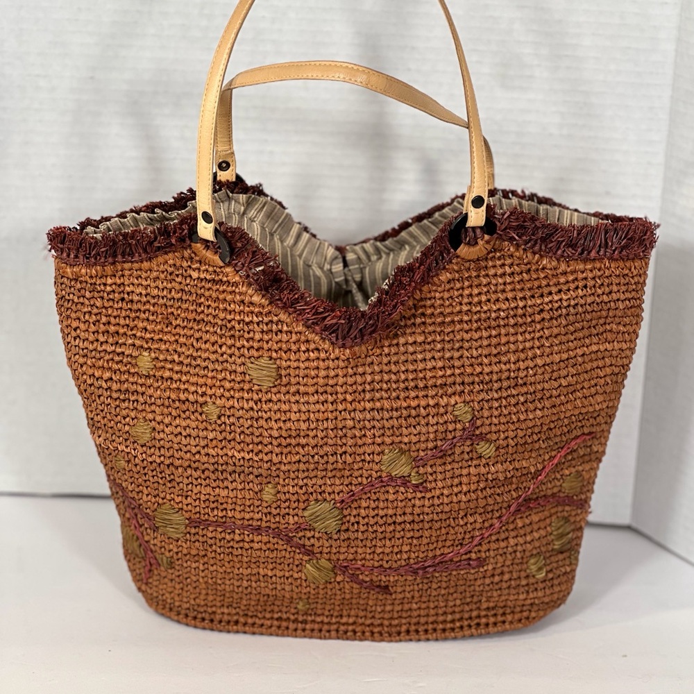 Jamin Puech Raffia Woven Tote Bag Embroidered Floral Pattern Leather Handles - Picture 2 of 15